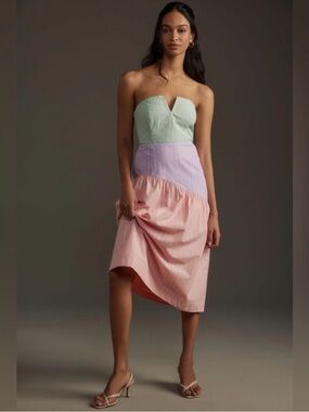 Maeve Anthropologie Colorblock Strapless Midi Dress in Mint, Lilac & Pink